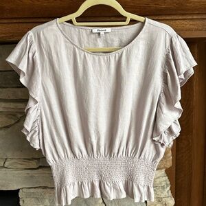 Madewell Linen-Blend Flutter-Sleeve Smocked Top Shirt Lilac Women's Sz Small